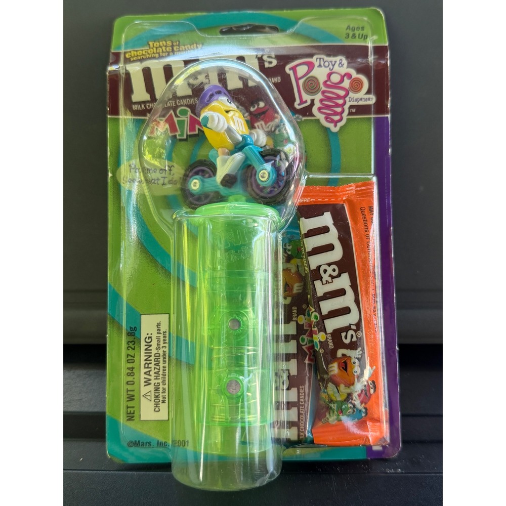 Vintage 2001 M&M's Minis Toy & Pop Dispenser Yellow Biker Extreme Sports Team‎